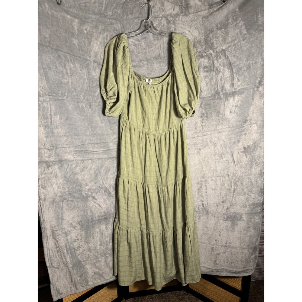 NSR Sage Green Textured Puff Sleeve Tiered Midi Dress XL CD11008 Cottagecore
